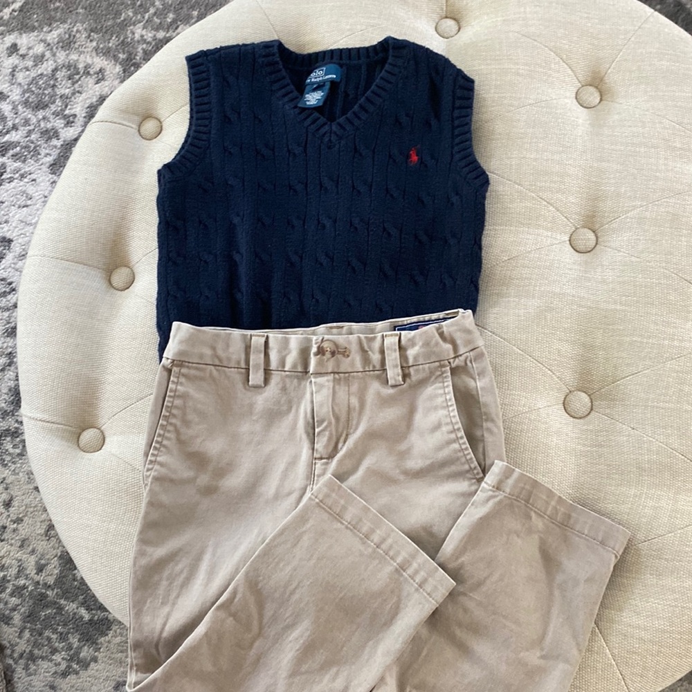 4T Boys outfit: Polo navy sweater vest and khaki pants by Vineyard Vines